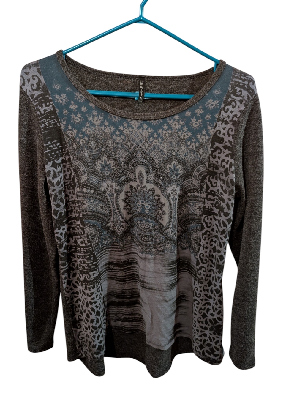 Women's Gray Patterned Long-Sleeve Top